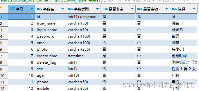 mysql查询表的字段，字段名以及注释sql语句