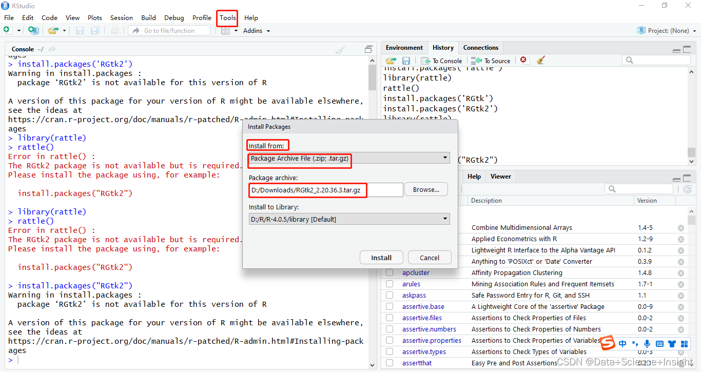 Cran Rstudio R语言找到CRAN库已经不在提供的包、手动下载并使用RStudio进行安装_cran提供发宏包哪里找_Data+Science+Insight ...