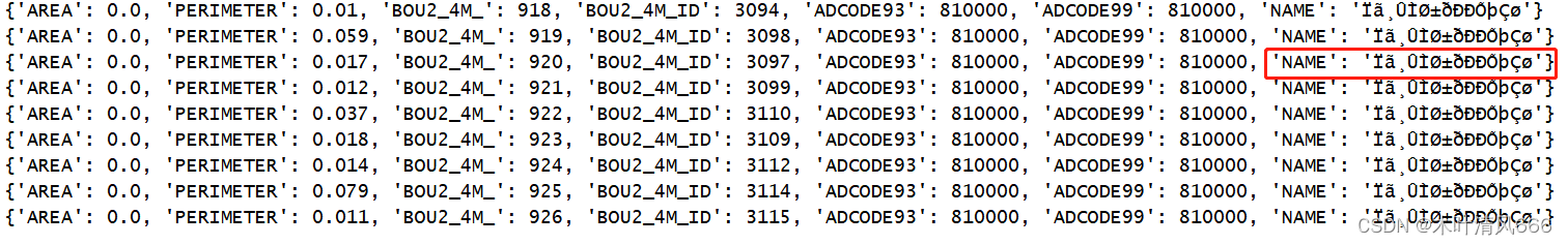 The shapefile reads the bou2_4p.shp file, and the NAME shows garbled characters in Chinese