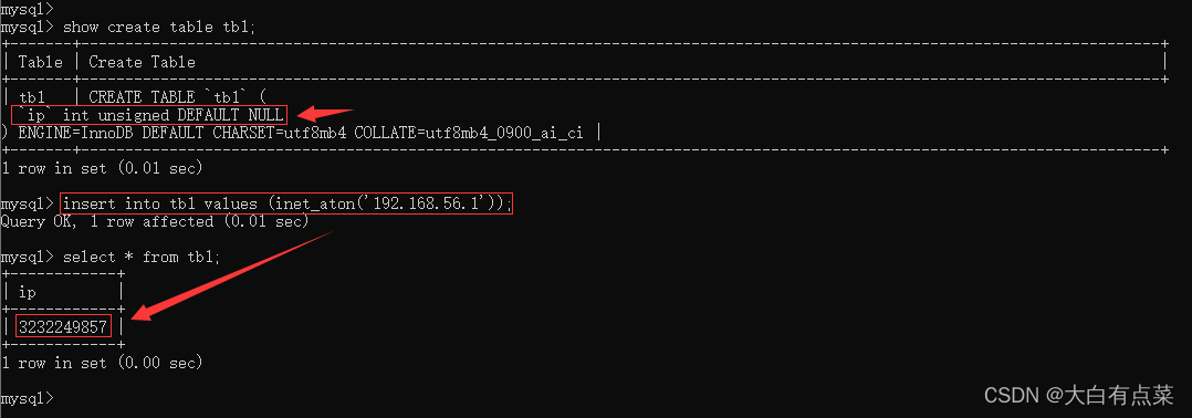 使用 INET_ATON() 函数将 IP 地址转换成数值并插入到 ip 字段