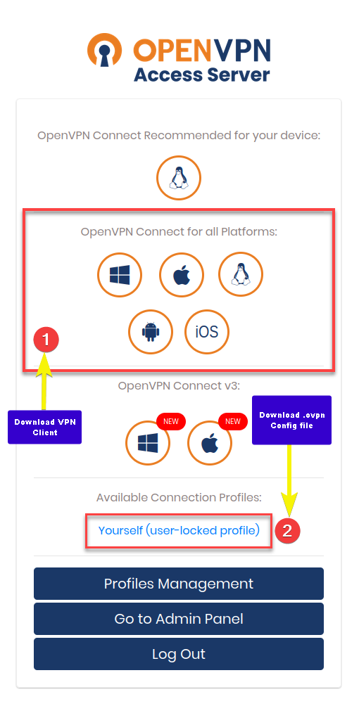 Downloading the .ovpn config file and client app