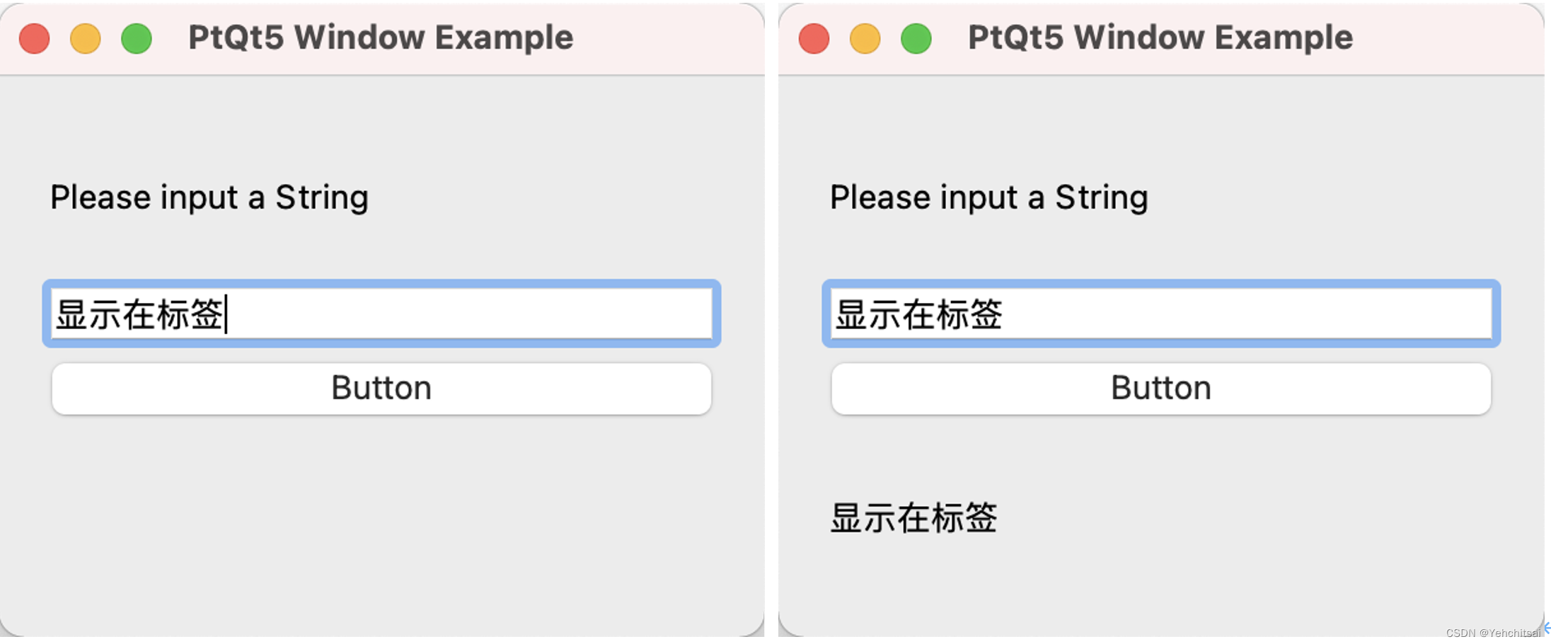 PyQt5 事件范例，左边是输入字符串；右边是单击按钮后，把所输入的文字显示在按钮下的标签中