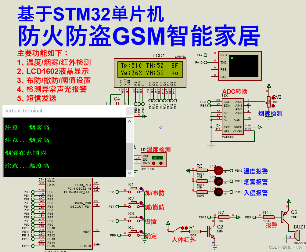 【Proteus仿真】【STM32单片机】防火防盗GSM智能家居设计