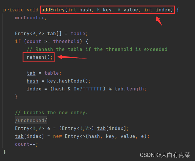 addEntry() 方法里面再调用 rehash() 方法