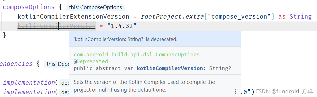 ComposeOptions.kotlinCompilerVersion is deprecated