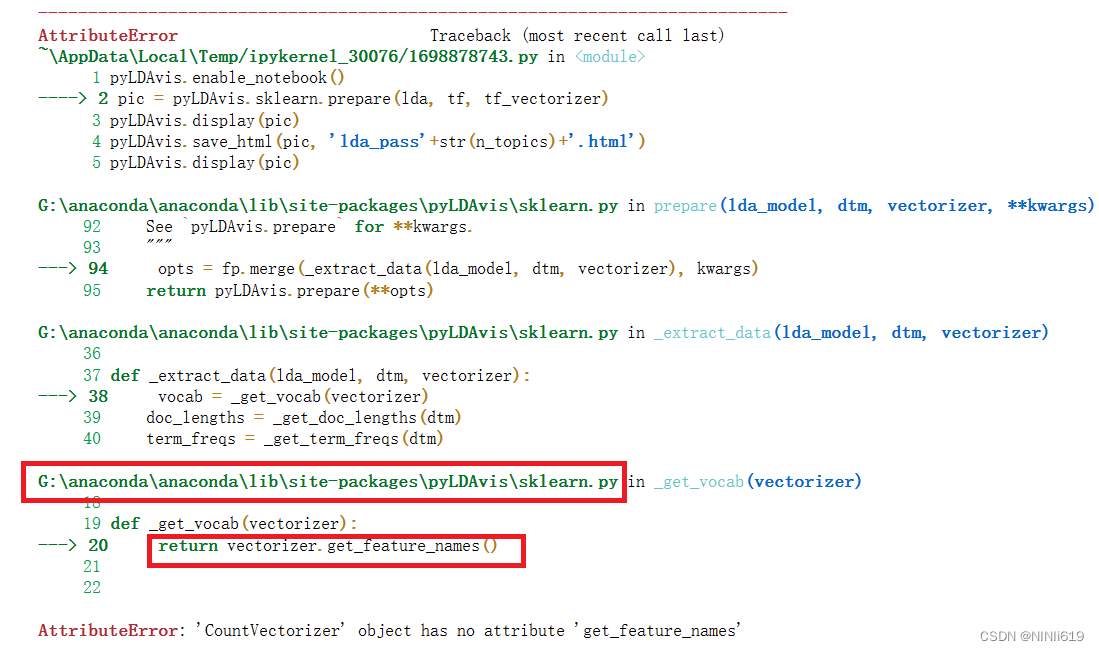 保姆式解决使用Pyldavis对Lda可视化报错问题：'Countvectorizer' Object Has No Attribute ' Get_Feature_Names'的问题_Nini_Likelike的博客-Csdn博客