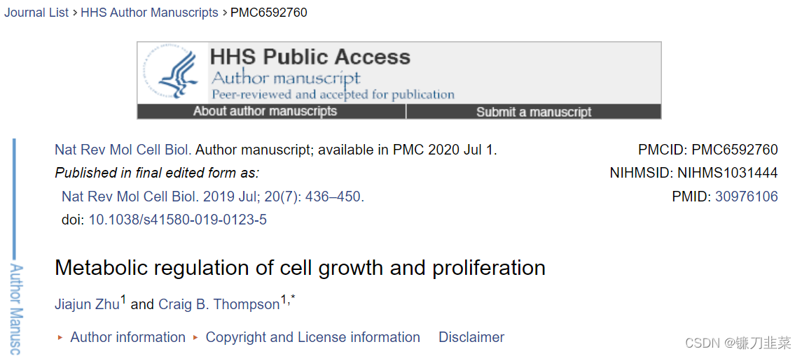 Metabolic regulation of cell growth and proliferation