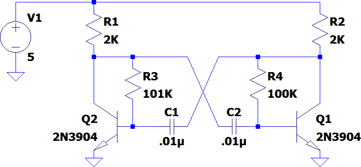 ▲ 图1.4.1 双NPN晶体管多谐振荡器