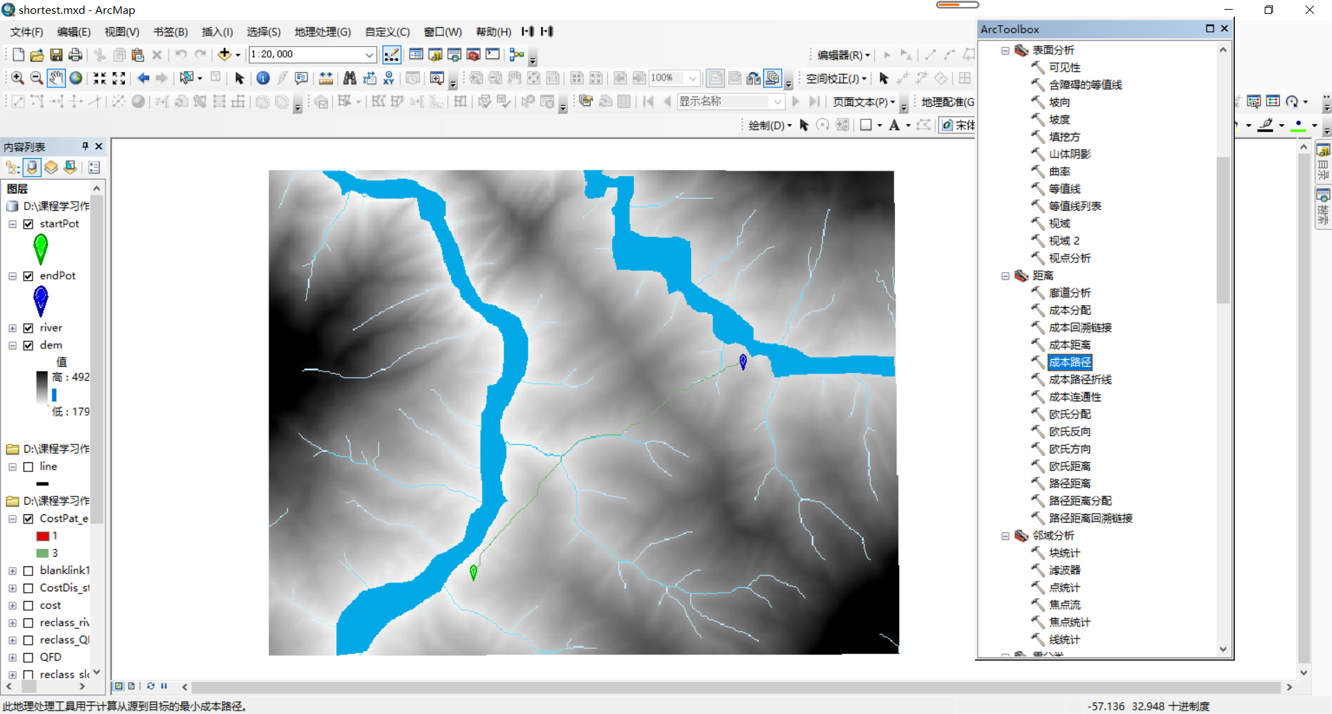 arcgis练习栅格数据分析之寻找最佳路径