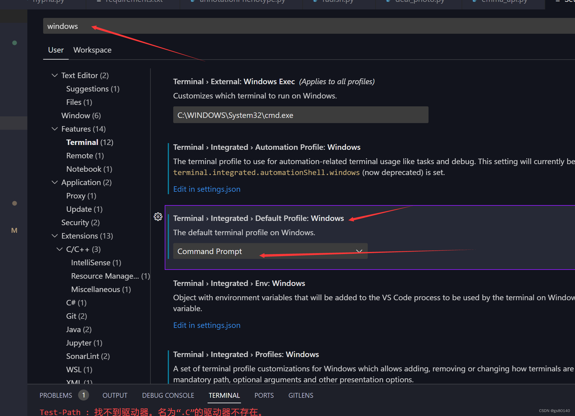 vscode 打开后 默认terminal power shell 报错 名为“.C”的驱动器不存在。