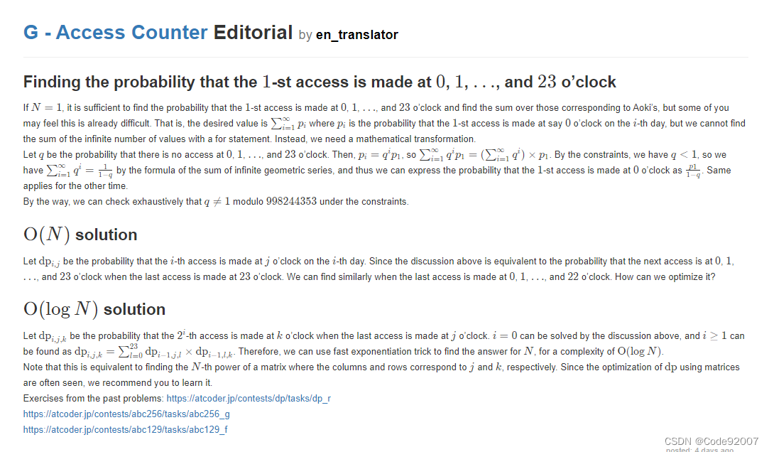 KYOCERA Programming Contest 2022（AtCoder Beginner Contest 271）G.Access Counter（概率+矩阵快速幂优化dp）