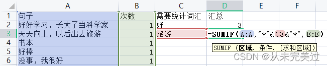 excel 通过SUMIF关键词统计词频