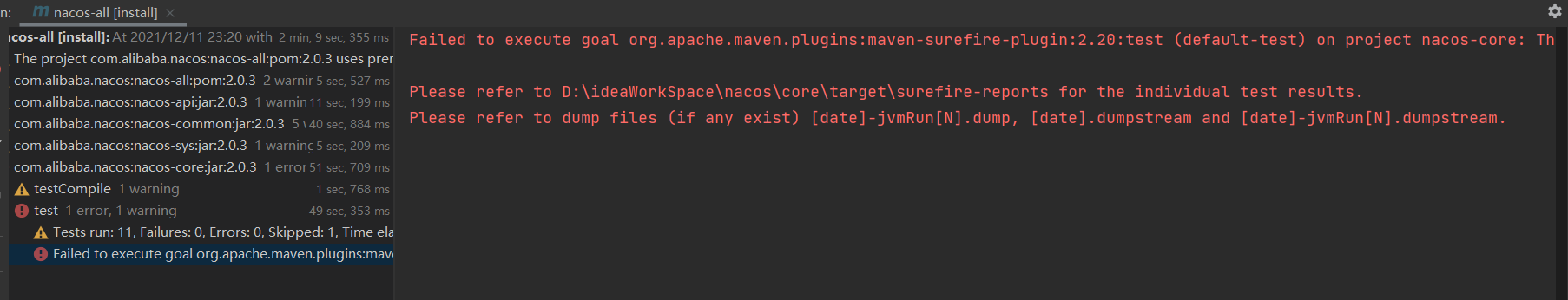  Nacos Install Failed To Execute Goal Org apache maven plugins maven surefire plugin 2 20 