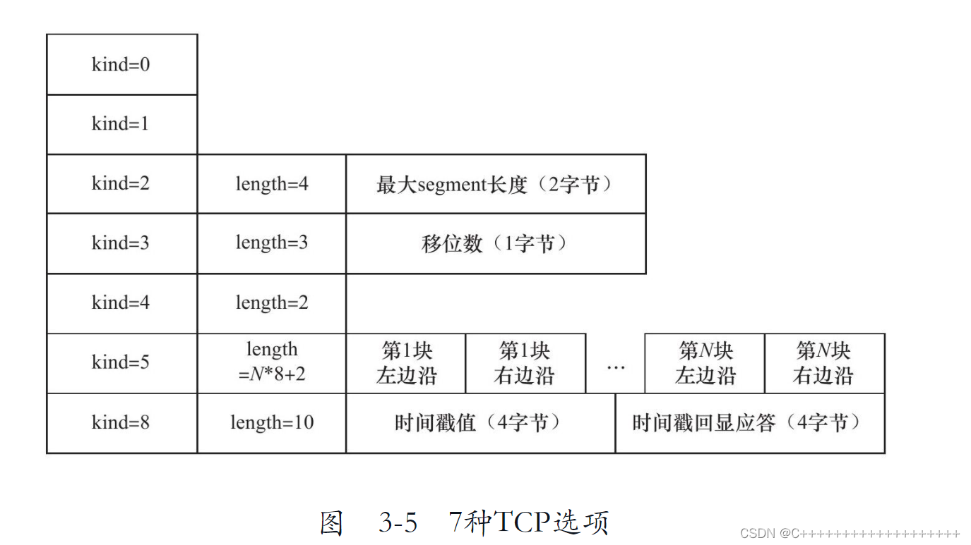 七种TCP选项 https://img-blog.csdnimg.cn/991ecc65abe8427fadfae9652ae76620.png?x-oss-process=image/watermark,type_d3F5LXplbmhlaQ,shadow_50,text_Q1NETiBAQysrKysrKysrKysrKysrKysrKys=,size_20,color_FFFFFF,t_70,g_se,x_16