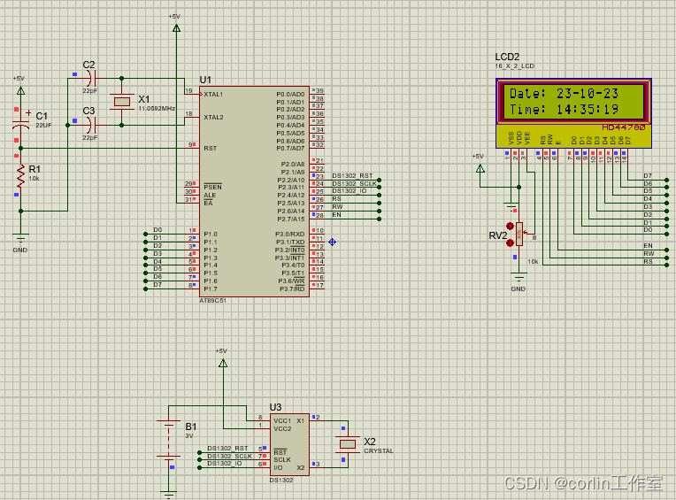 基于AT89C51+DS1302+LCD1602的实时时钟proteus仿真设计