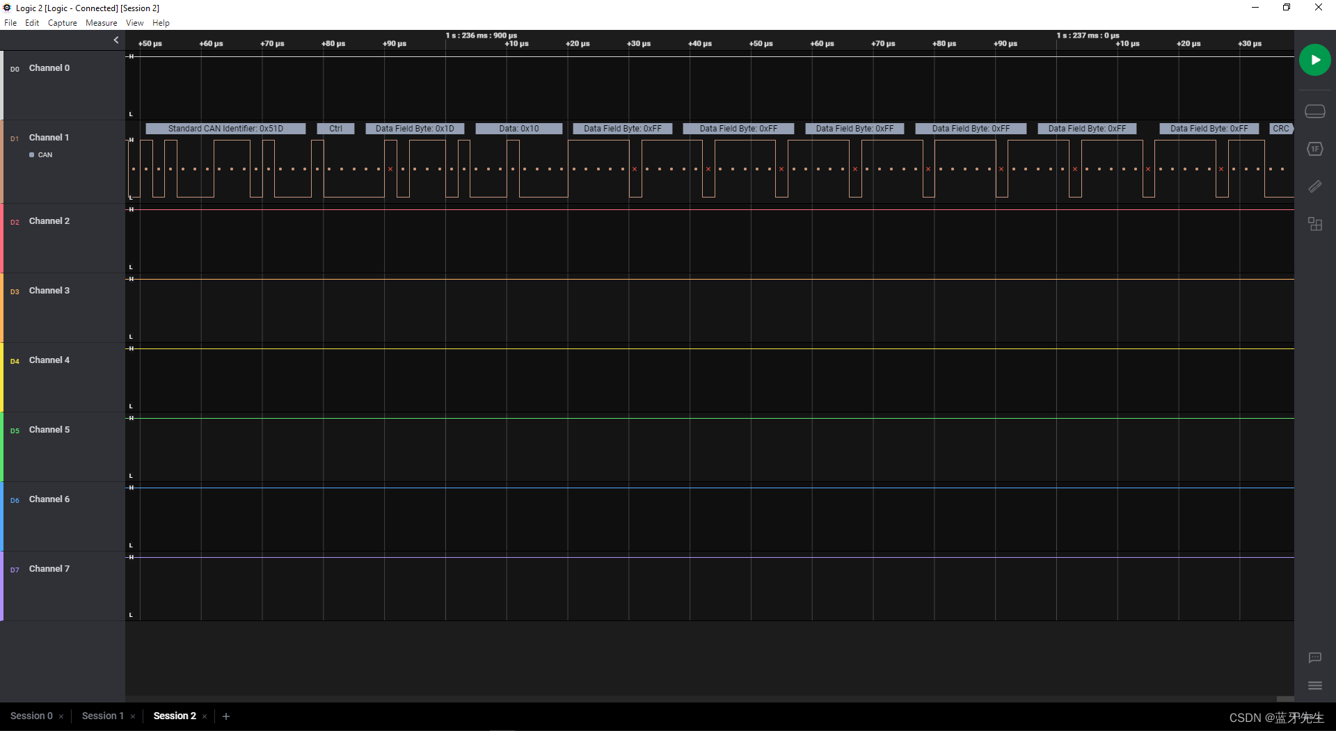 Logic 2逻辑分析器捉到的CAN帧