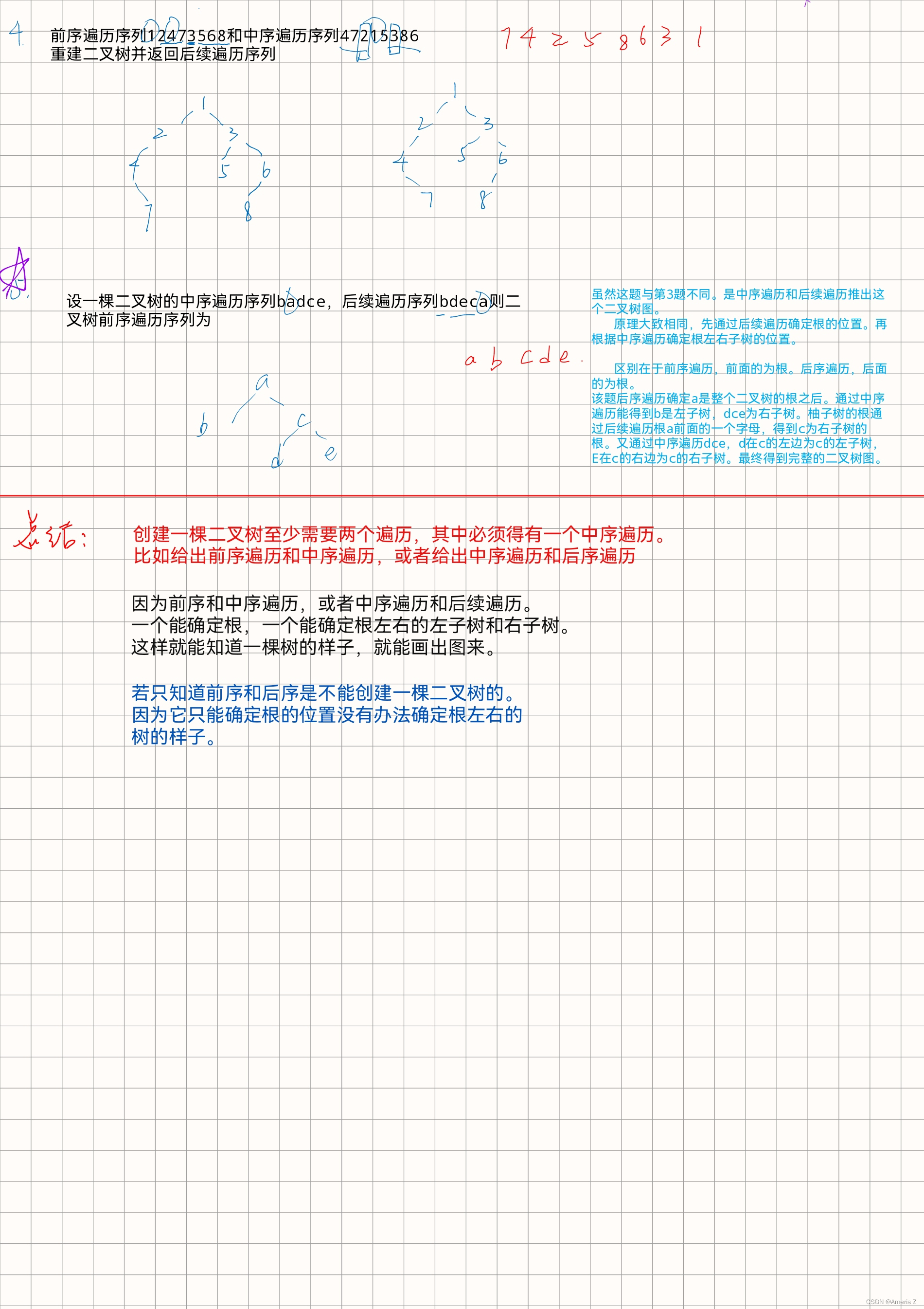 二叉树（完全二叉树，满二叉树，二叉树的特性，遍历方式，根据遍历方式画出完整的二叉树图相关例题）