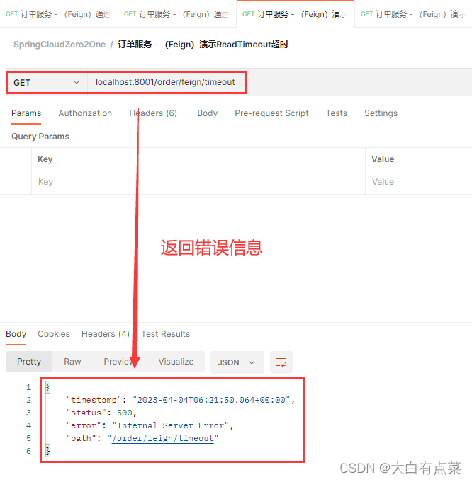 GET 方式请求接口：localhost:8001/order/feign/timeout 返回错误信息