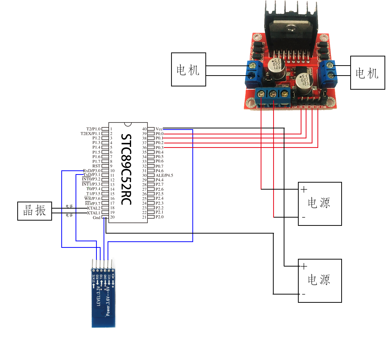 51单片机蓝牙小车接线(l298n供电,分别电源供电)