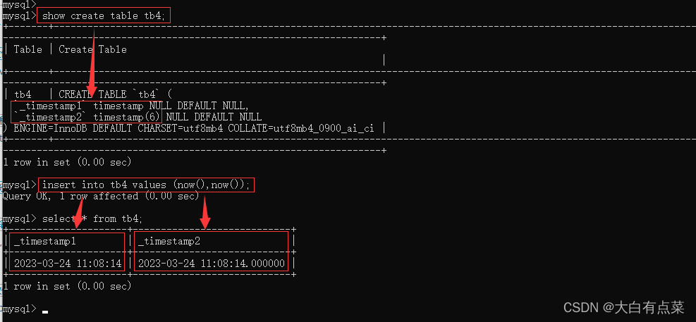 TIMESTAMP 类型以“YYYY-MM-DD hh:mm:ss.小数”格式显示 TIMESTAMP 值，即年、月、日、时、分、秒...微秒