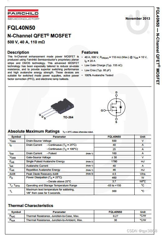 ASEMI代理安森美MOS管FQL40N50参数，FQL40N50描述