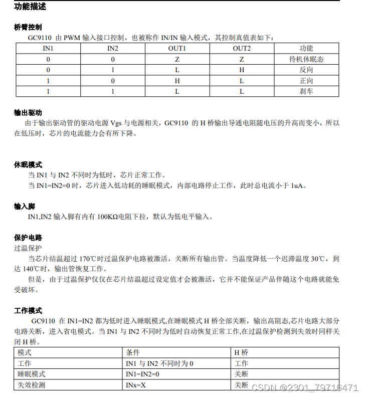 GC9110 国产低压 5V 全桥驱动芯片，可提供高达 1.3A 的持续输出电流。可以工作在 1.2~6V 的电源电压上。可以替代LG9110S