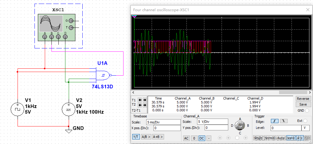 Multisim14.0仿真（二十八）74LS13 施密特触发器