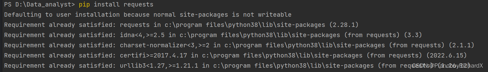 pycharm terminal安装第三方库报Defaulting to user installation because normal site-packages is not writeable