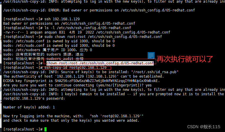 linux免密登录报错 Bad owner or permissions on /etc/ssh/ssh_config.d/05-redhat.conf