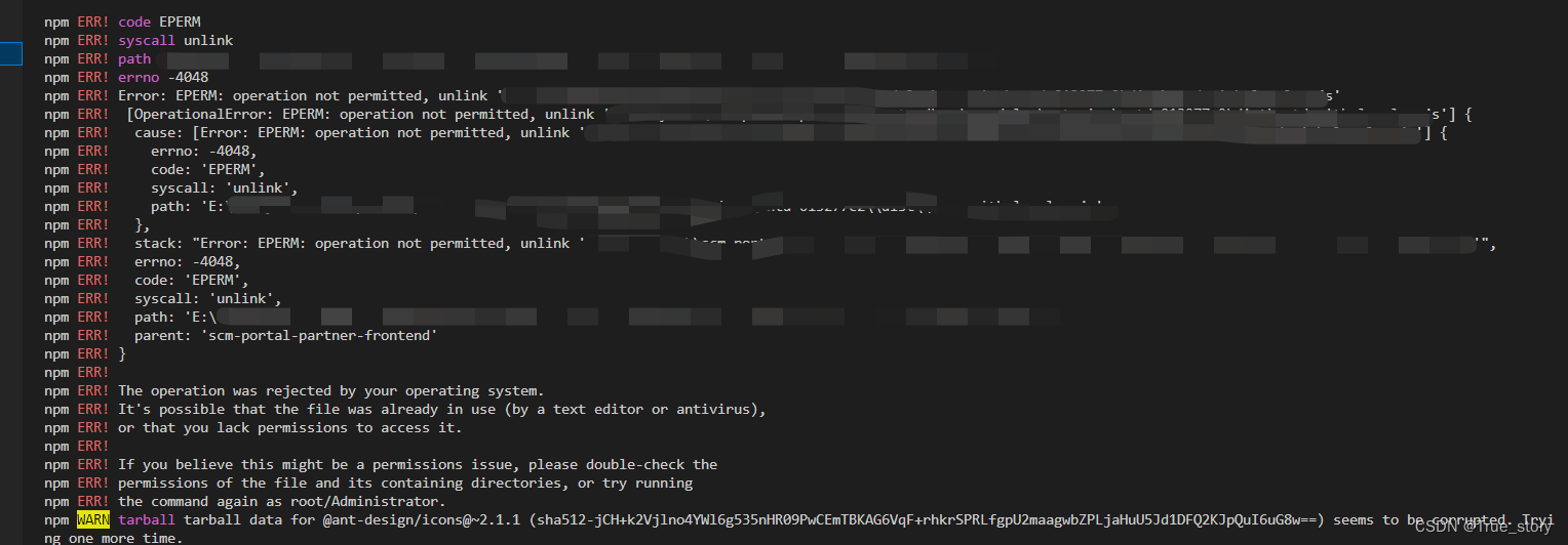 npm i安装依赖报错，npm ERR! code EPERM npm ERR! syscall unlink,errno -4048