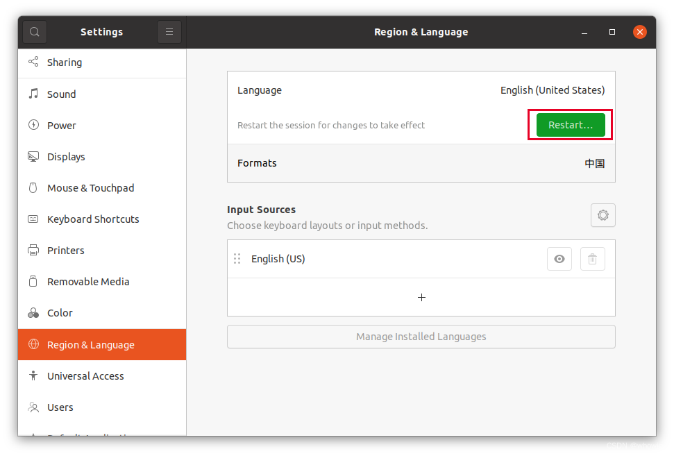 在 Region & Language 中选择 Restart