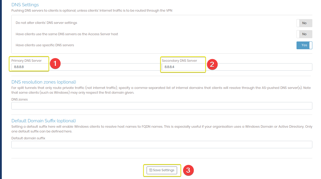 Setting custom OpenVPN DNS addresses