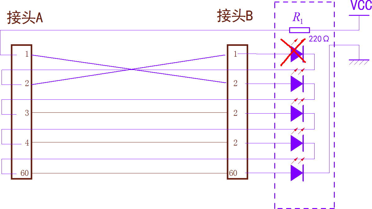 ▲ 图2.2.3 如果存在交叉线，则对应的LED就会熄灭