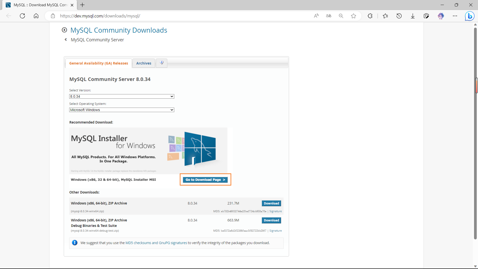 在 General Availability(GA) Releases 中选择适合的版本