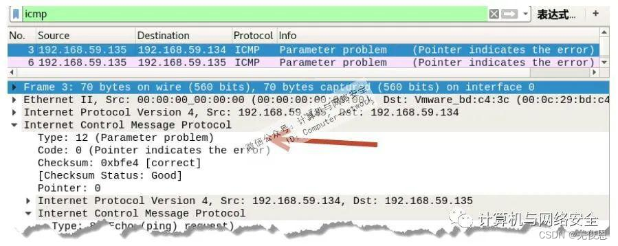 Figure 9 Parameter error ICMP packet