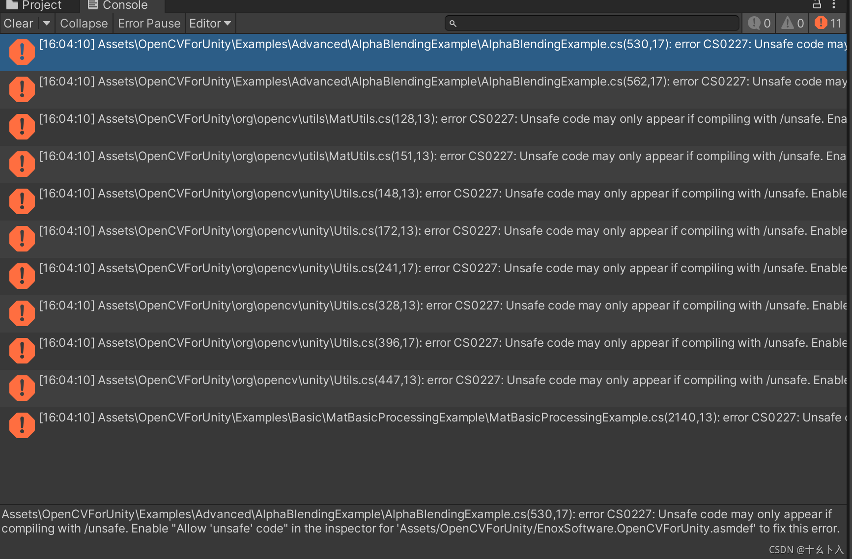 Unity3d 使用OpenCV插件报错:Unsafe code may only appear if compiling with ...