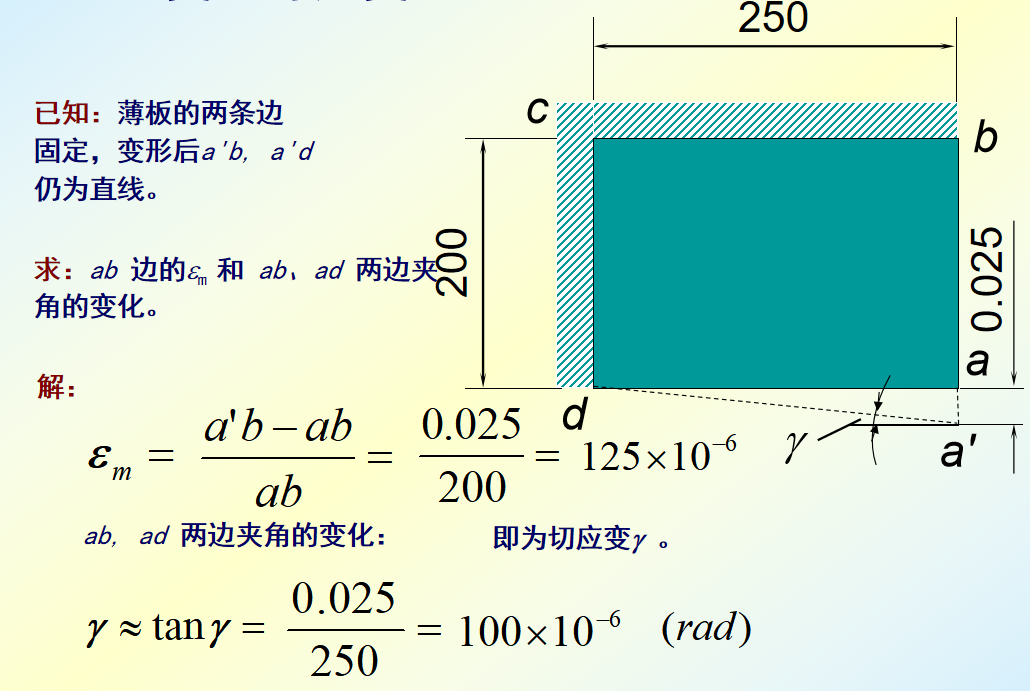 的变化应变:分为正应变和切应变正应变(线应变)和切应变(角应变)例题