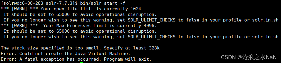 启动solr报错The stack size specified is too small,Specify at least 328k_the ...