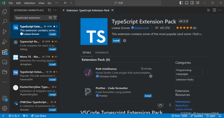 在Visual Studio Code中安装加速TypeScript程序开发的插件