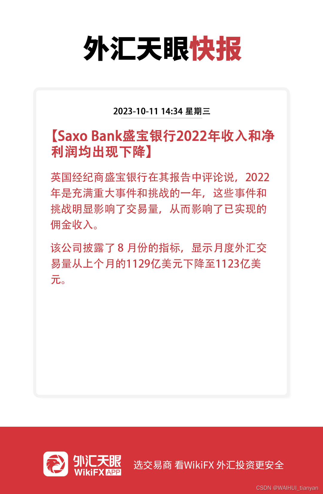 外汇天眼：Saxo Bank盛宝银行2022 年收入和净利润均出现下降