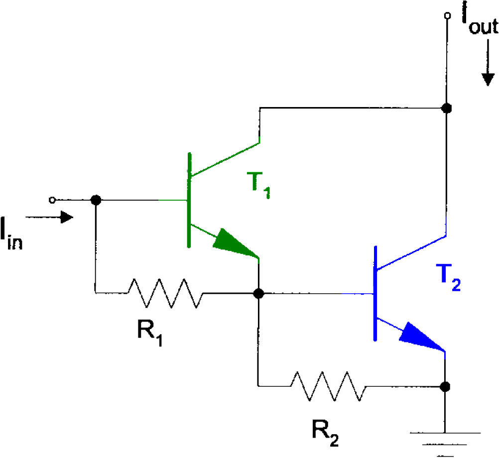 ▲ 图1 达林顿晶体管对。 其中两个基级电阻被用于加速达林顿管关断过程