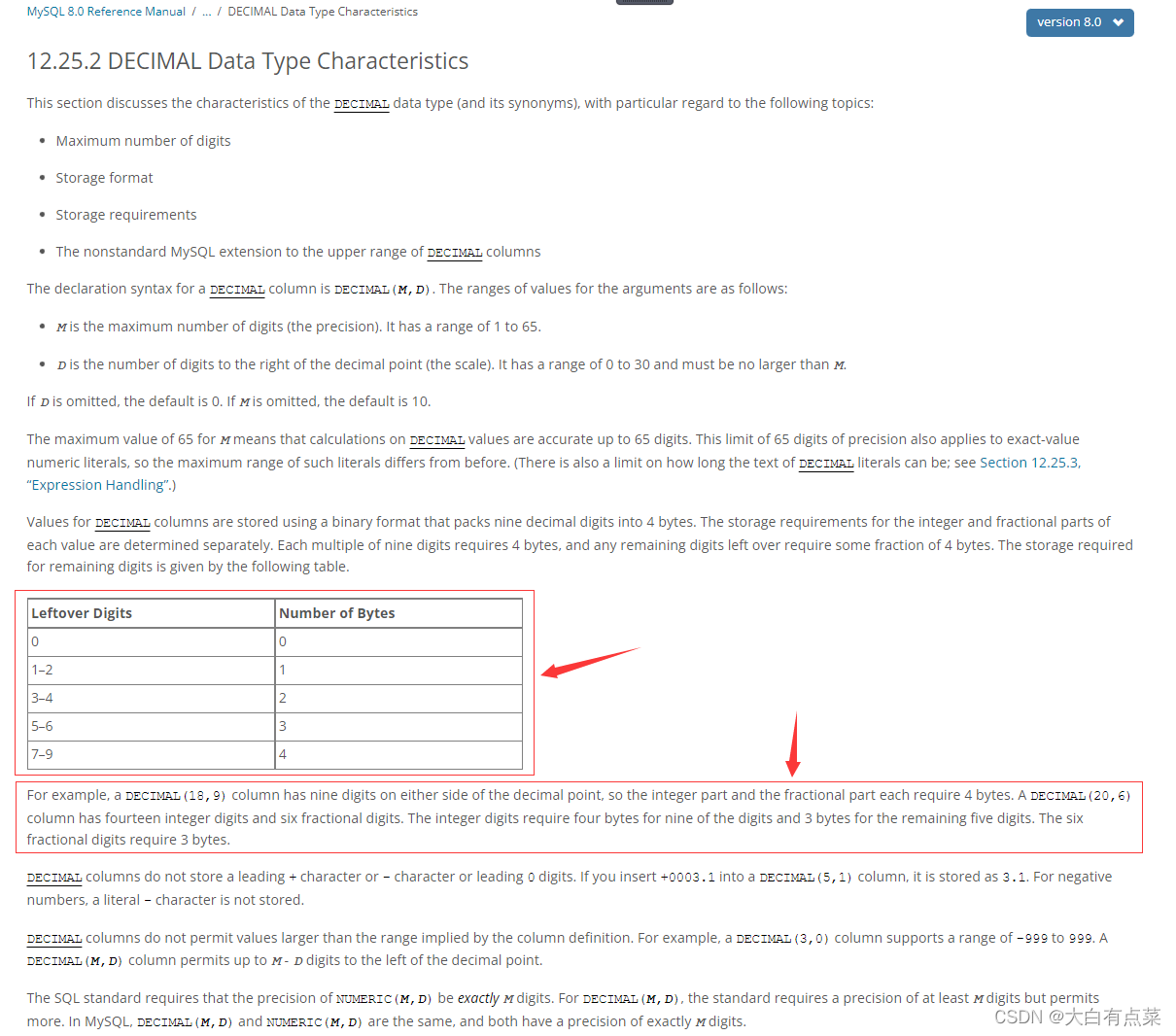 MySQL官网关于DECIMAL 数据类型特征1