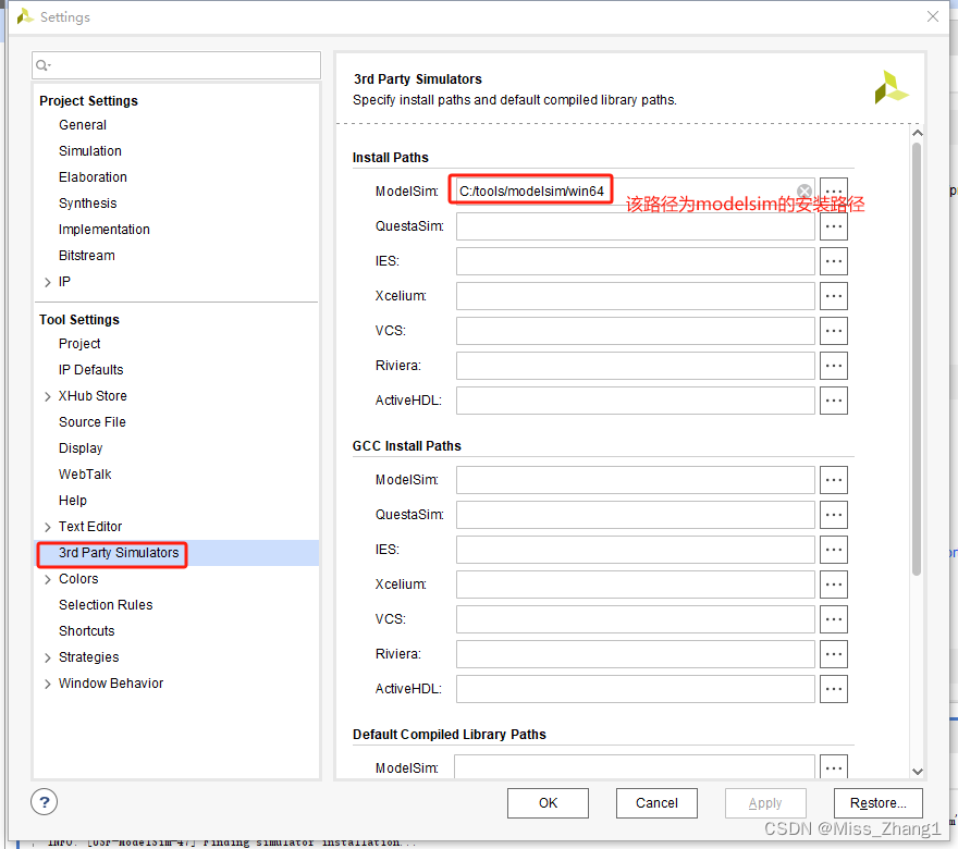 ERROR: [USF-ModelSim-48] Failed to locate ‘vsim.exe‘ executable in the shell environment ‘PATH‘ vari