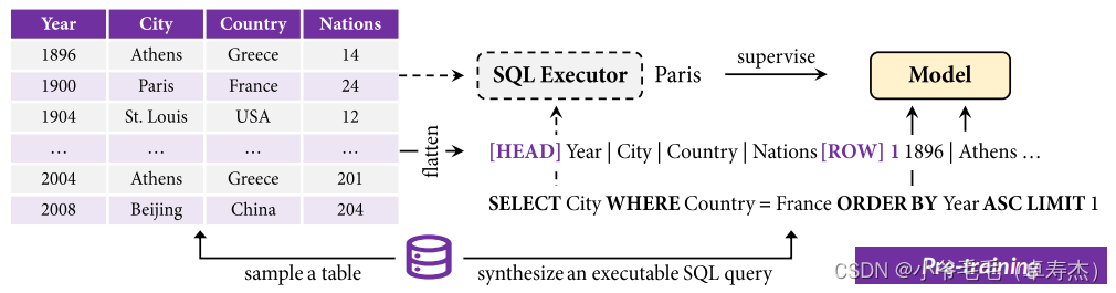 图3-1：预训练过程的说明。在预训练过程中，作者将采样的SQL查询和采样的表的连接提供给模型，并训练它输出相应的执行结果（例如，“Pairs”）。