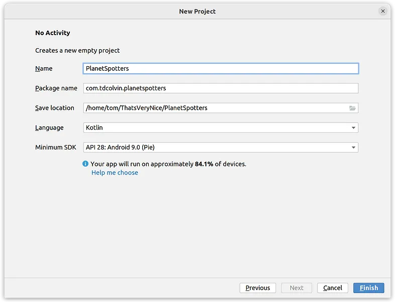 New project detail window in Android Studio