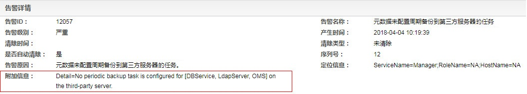 大数据-之LibrA数据库系统告警处理（ALM-12057 元数据未配置周期备份到第三方服务器的任务）