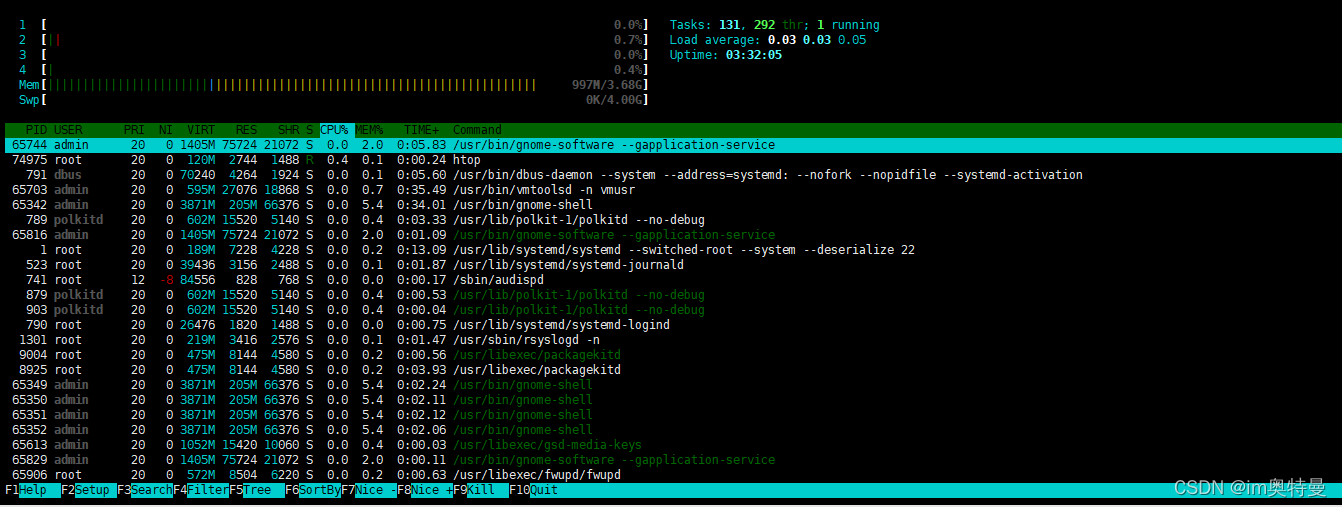 实现效果 : Linux 操作系统的图形化性能检测工具,如果类比的话相当于 Windows 操作系统的任务管理器。