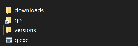 g.exe位于 g 的工作空间，当你下载了 go 的某个版本后，目录结构就如此，version 就是 go 的各种版本存放的地方