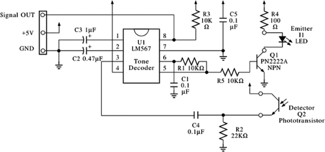 ▲ 图1.1 基于LM567的反射式红外检测电路